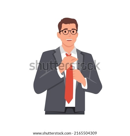 Young smiling man cartoon character wearing suit and adjusting tie . Flat vector illustration isolated on white background