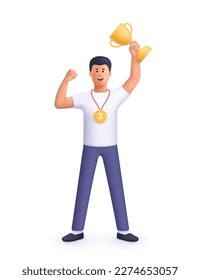 Young smiling man champion holds golden winner cup, awarded with prize, win award. Concept of goal achievement celebration. 3d vector people character illustration. Cartoon minimal style.