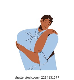 Young smiling man character positive thinking hugging himself feeling happiness and comfort