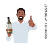 Young smiling man character standing holding bottle of wine, whiskey or other alcohol drink. Flat vector illustration isolated on white background