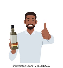 Young smiling man character standing holding bottle of wine, whiskey or other alcohol drink. Flat vector illustration isolated on white background