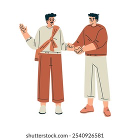 Young Smiling Man Character in Standing Pose Greeting with Handshake Gesture Vector Illustration