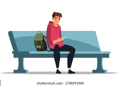 Young smiling man character wearing trendy outfit with phone sitting on bench isolated on white background. Teen boy, student networking, browsing, sending mail, chatting in social media. Outdoor rest