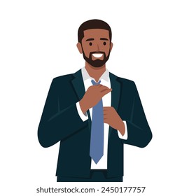 Personaje de hombre joven sonriente con traje y corbata ajustable. Ilustración vectorial plana aislada sobre fondo blanco