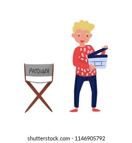 Young smiling man with clapperboard. Guy standing near producer's chair. Filmmaking theme. Flat vector design