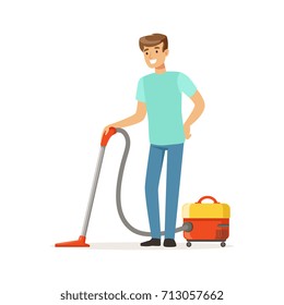 Young smiling man cleaning the floor with vacuum cleaner, house husband working at home vector Illustration
