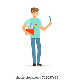 Young smiling man cleaning his home, house husband working at home vector Illustration