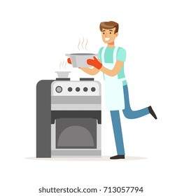 Young smiling man cooking in the kitchen, house husband working at home vector Illustration