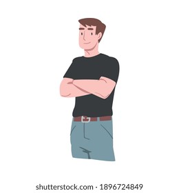Young Smiling Man with Crossed Arms in Standing Pose Vector Illustration