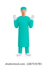 Joven sonriente, médico cirujano con uniforme y guantes con las manos arriba. Concepto de medicina, salud y cirugía. Ilustración de caracteres de personas vectoriales 3d.Estilo mínimo de dibujos animados.