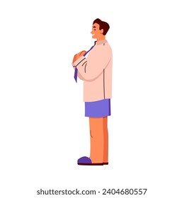 Young smiling man dressing up and ties a tie, flat cartoon vector illustration isolated on white background. Happy male character at home puts clothes on himself, getting ready for work in the morning