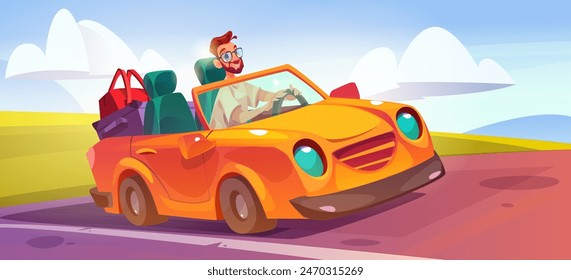 Young smiling man drive in cabriolet car with baggage in bags and suitcases on road on sunny summer day. Cartoon vector landscape with happy male character ride convertible vehicle on highway.