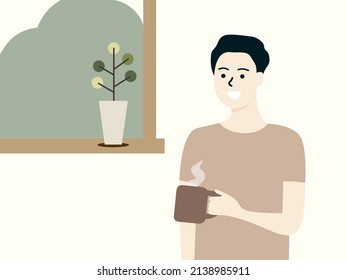 Un joven sonriente disfruta de una taza de bebida caliente en la mano parado cerca del paisaje de la ventana en el tiempo de ocio del fin de semana. Confort en casa, descanso después del trabajo, Feliz estilo de vida relajante. Dibujo vectorial plano de dibujos animados. 