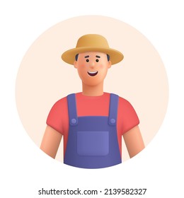 Young smiling man farmer. Agricultural worker. Gardening, farming, professional occupation concept. 3d vector people character illustration.Cartoon minimal style.