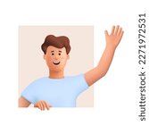 Young smiling man with greeting gesture, saying Hello, Hi or Bye and waving with hand. 3d vector people character illustration. Cartoon minimal style.