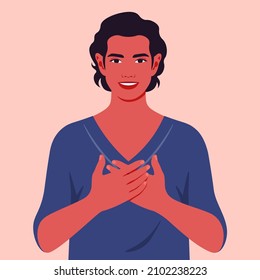 Young smiling man with hands on chest. Grateful gesture. Vector flat illustration