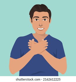 Young smiling man with hands on chest. Grateful gesture. Vector flat illustration.