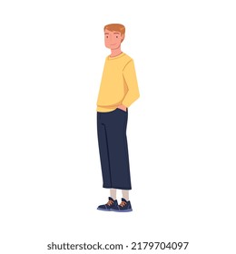 Young Smiling Man with Hands in Pocket in Standing Pose Vector Illustration