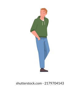 Young Smiling Man with Hands in Pocket in Standing Pose Vector Illustration