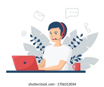 Young smiling man with headphones and a microphone with a laptop.Concept illustration for customer service, assistance, call center. Online customer support and helpdesk. Flat vector illustration