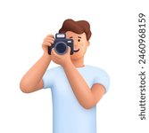 Young smiling man holding camera, taking photo and smiling. Professional photographer, cameraman concept. 3d vector people character illustration. Cartoon minimal style.