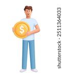 Young smiling man holding a gold coin with dollar sign. Finance, business, earning money, capital and investment  concept. 3d vector people character. Cartoon minimal style.