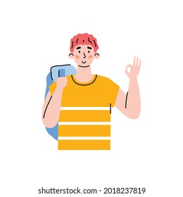 Young smiling man holding his fingers in OK gesture, flat cartoon vector illustration isolated on white background. Guy shows sign of success and positivity.