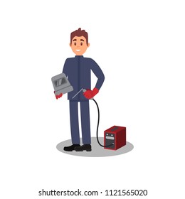 Young smiling man holding mask and torch of welding machine. Professional welder in working outfit. Flat vector design