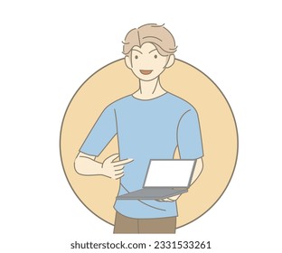 Young smiling man holding and pointing at blank screen laptop computer. Distance and e-learning education concept. 2d vector people character illustration. Cartoon minimal style