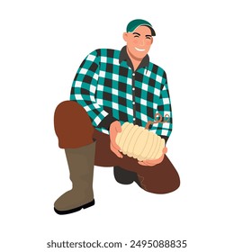 Young smiling man holding a pumpkin in his hands.Funny character squatted down.Farmer in a plaid shirt, boots and a cap.Vector design isolated on white.Autumn harvest and fall festival  illustration.