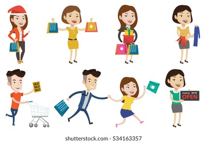 Young smiling man holding shopping bags. Happy caucasian man carrying shopping bags. Man standing with a lot of shopping bags. Set of vector flat design illustrations isolated on white background.