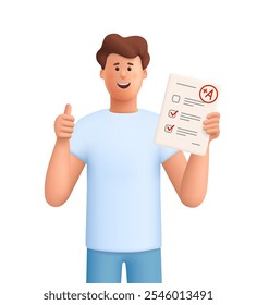 Hombre sonriente joven que sostiene los resultados del examen, prueba de la educación y que muestra el gesto del pulgar para arriba. Educación, estudio, concepto de éxito. Personaje de personas de Vector 3D. Estilo minimalista de dibujos animados.