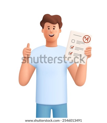 Young smiling man holding test exam results ,education test and showing thumbs up gesture. Education, study, success concept. 3d vector people character. Cartoon minimal style.