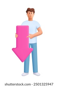 Young smiling man holding yellow big direction arrow pointing down. 3d vector people character illustration. Cartoon minimal style.