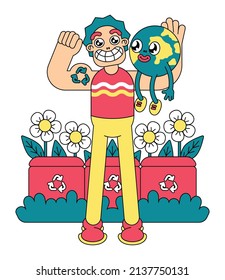A young smiling man holds the planet Earth on his hand. A man, a supporter of garbage recycling against the background of trash cans. Vector illustration in cartoon style.