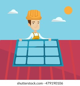 Young smiling man installing solar panels on roof. Technician in inuform and hard hat checking solar panels on roof. Eengineer adjusting solar panels. Vector flat design illustration. Square layout.