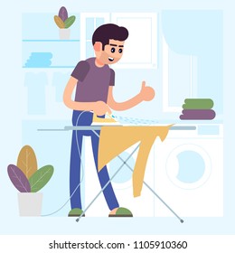 Young smiling man ironing clothes on ironing board, house husband working at home. Laundry. Vector Illustration.