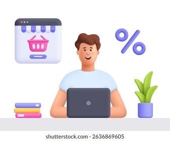 Young smiling man James buy on online store marketplace, using laptop. Online shopping, home delivery, e-commerce, discount and sales concept. 3d vector people character. Cartoon minimal style.