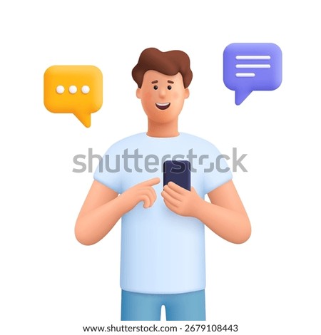 Young smiling man James chatting and typing on smartphone with speech bubble. Online chat, sending messages, comments, feedback and social media. 3d vector people character. Cartoon minimal style.