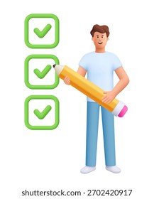 Jovem sorridente James fazendo checklist com lápis. Planejamento, produtividade, conclusão de tarefas e conceito de gerenciamento de projetos. personagem de pessoas vetoriais 3d. Estilo mínimo de desenho animado.