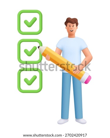 Young smiling man James doing checklist with pencil. Planning, productivity, task completion and project management concept. 3d vector people character. Cartoon minimal style.