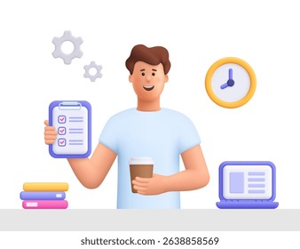 Young smiling man James freelance worker, working with laptop at home, holding coffee cup and file documents. Daily work routine. 3d vector people character. Cartoon minimal style.