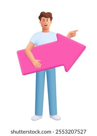 Young smiling man James holding direction arrow banner and pointing right up. 3d vector people character. Cartoon minimal style.