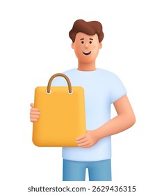 Young smiling man James holding shopping bag. Safe delivery of goods concept. 3d vector people character. Cartoon minimal style.