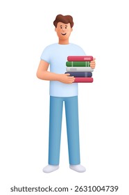 Jovem homem sorridente James segurando pilha de livros. Professor, estudante ou trabalhador de escritório. Educação e conceito de conhecimento. personagem de pessoas vetoriais 3d. Estilo mínimo de desenho animado.