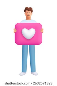 Jovem homem sorridente James segurando bandeira com coração. Conceito de mídia social. personagem de pessoas vetoriais 3d. Estilo mínimo de desenho animado.