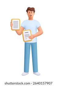 Young smiling man James holding two documents or sheets of paper in both hands. Business, education, office work concept. 3d vector people character. Cartoon minimal style.