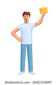 Young smiling man James holding a yellow envelope. Post, message delivery, e-mail, messenger and communication concept. 3d vector people character. Cartoon minimal style.