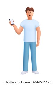 Jovem sorrindo homem James segurando e mostrando a tela do smartphone. Aplicativos móveis, comunicação, mídia social, conceito de estilo de vida digital. personagem de pessoas vetoriais 3d. Estilo mínimo de desenho animado.