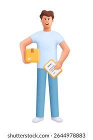 Jovem homem sorridente James segurando caixa de pacote e área de transferência ou documento. Entrega segura, compras on-line e conceito de serviço de correio. personagem de pessoas vetoriais 3d. Estilo mínimo de desenho animado.